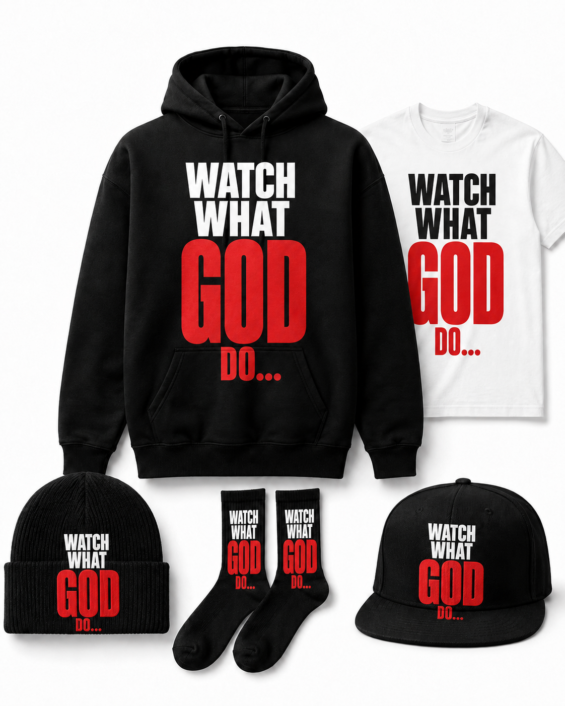 Watch What God Do collection with hoodie, T-shirt, beanie, socks, and cap